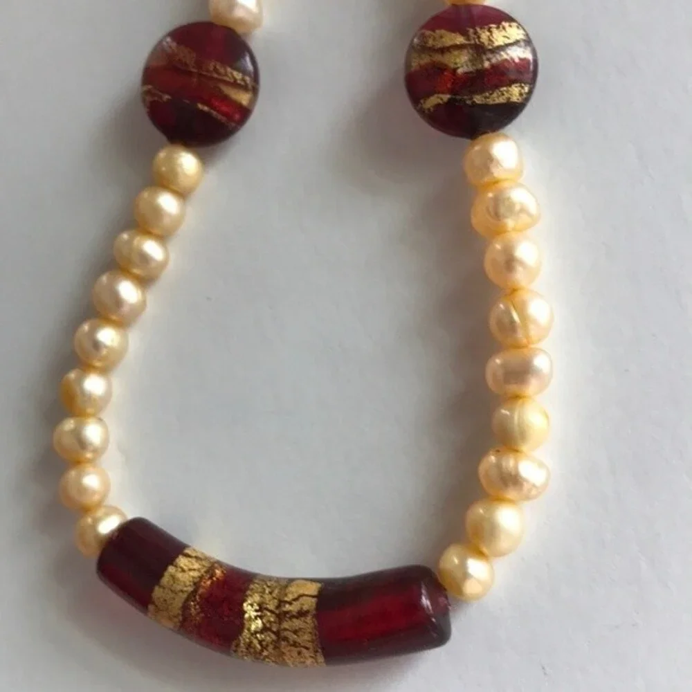 Vintage Handmade Venetian Glass Freshwater Gold Pearl Sterling Clasp Necklace 18